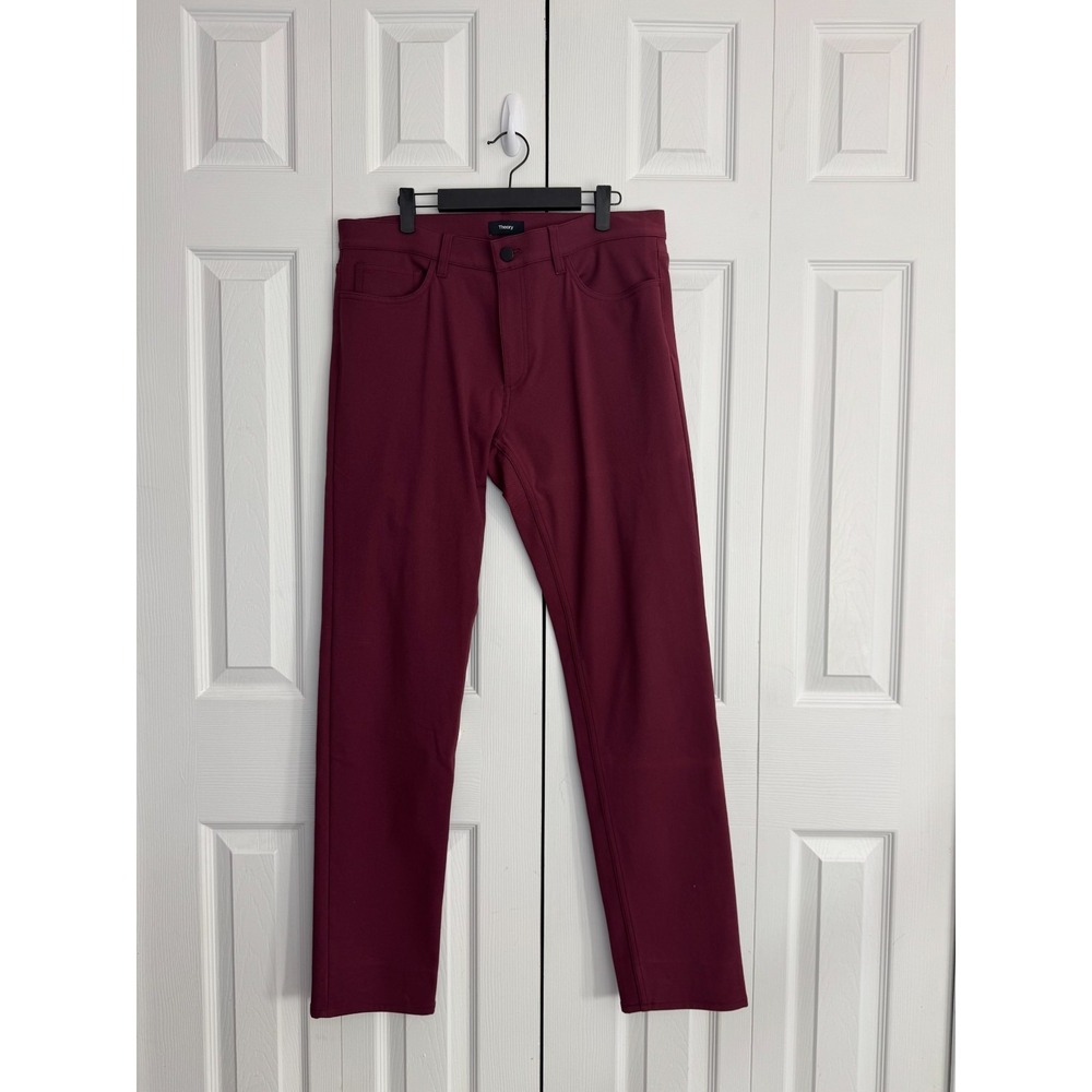 Theory Slim-Fit 5-Pockets Pant Men's 33 Burgundy Pull-On Zip-Fly Classic Stretch